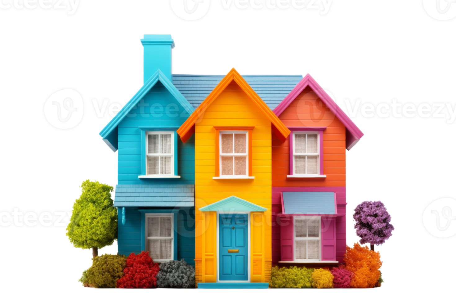 A colorful house with a blue door and windows. The house is painted in different colors, including blue, yellow, and red. The house is surrounded by a garden with trees and bushes png