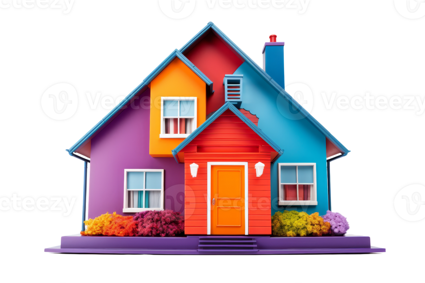 A colorful house with a red door and orange trim. The house is painted in a rainbow of colors, including blue, green, and yellow. The house has a unique and vibrant appearance png