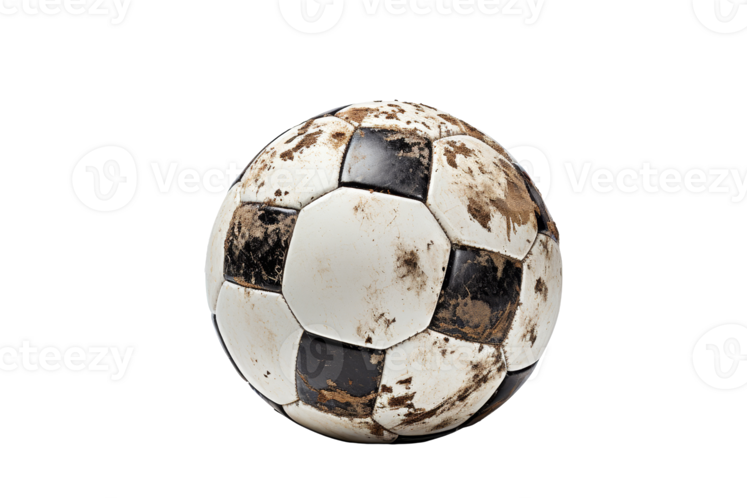 A dirty soccer ball with black and white stripes. The ball is worn and dirty, and it is old png