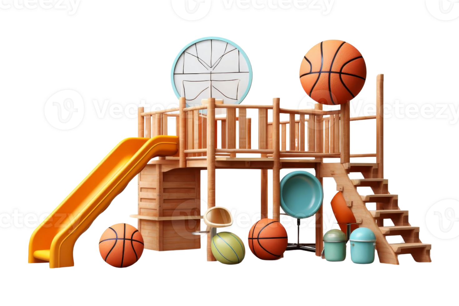 A playground with a slide and a basketball hoop. The basketballs are scattered around the playground, and there are also some other toys. The playground has a playful and fun atmosphere png