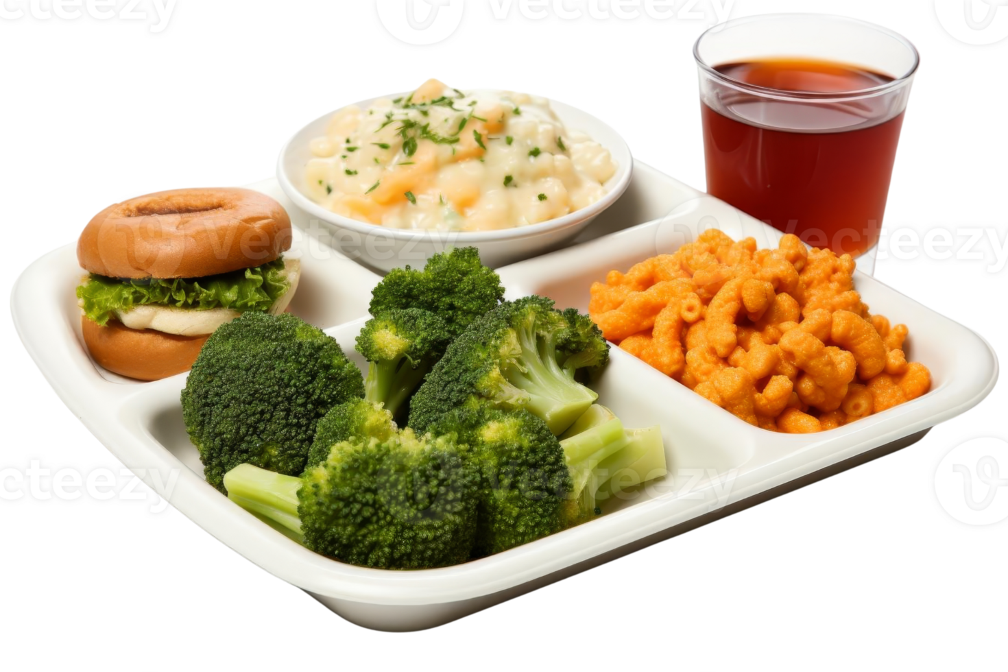 A white plate with a variety of food including broccoli, macaroni and cheese, and a sandwich png
