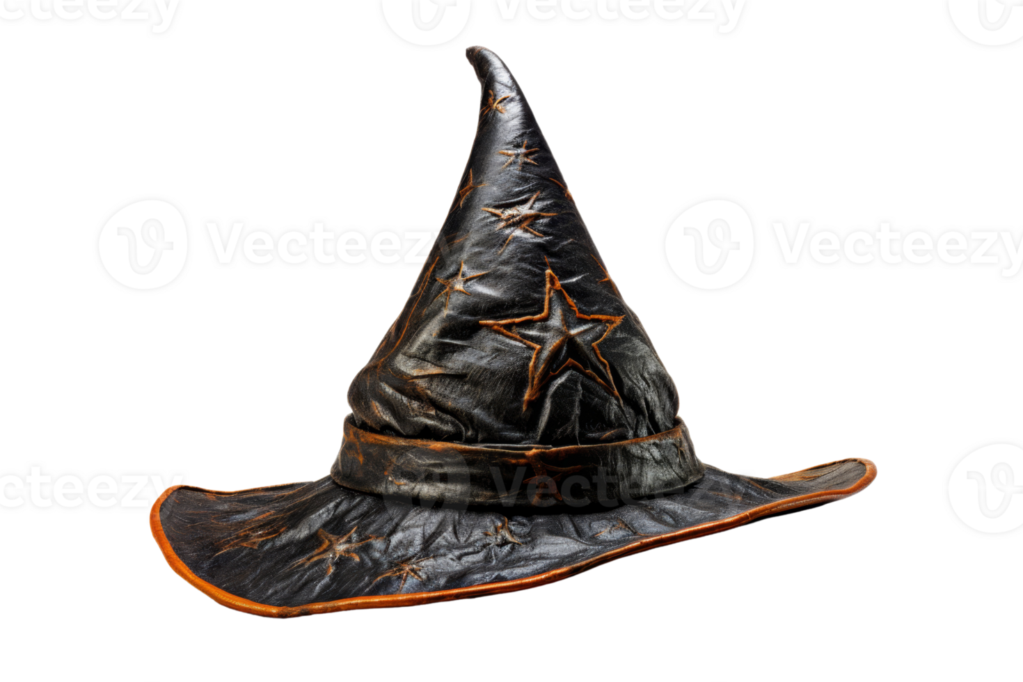 A black hat with a pointed top and orange trim. The hat has a star on the front and is worn by a witch png