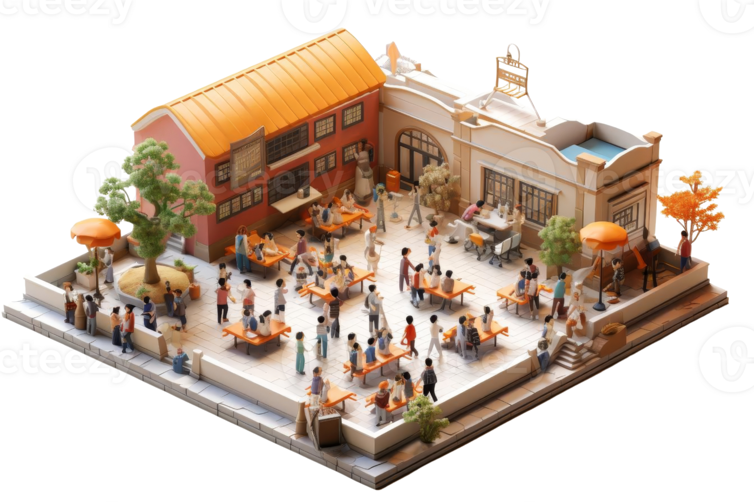 A group of people are gathered outside a restaurant, with a few umbrellas providing shade. The scene is lively and bustling, with many people sitting at tables and enjoying the outdoor atmosphere png