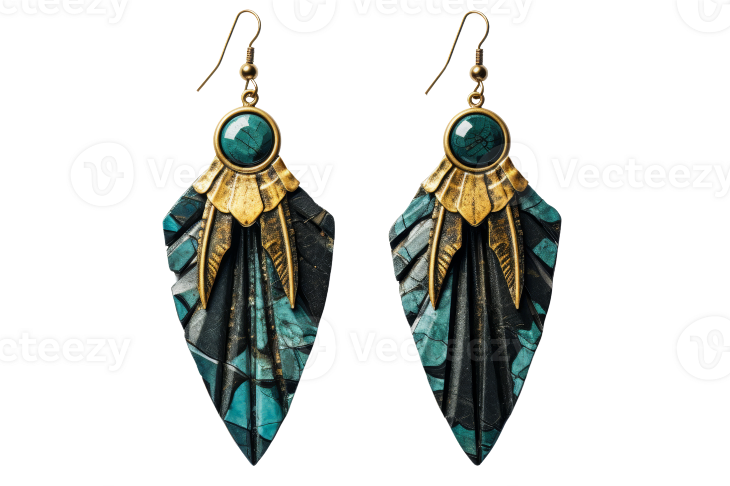 The earrings are made of gold and blue stones. They have a unique design that resembles a leaf png