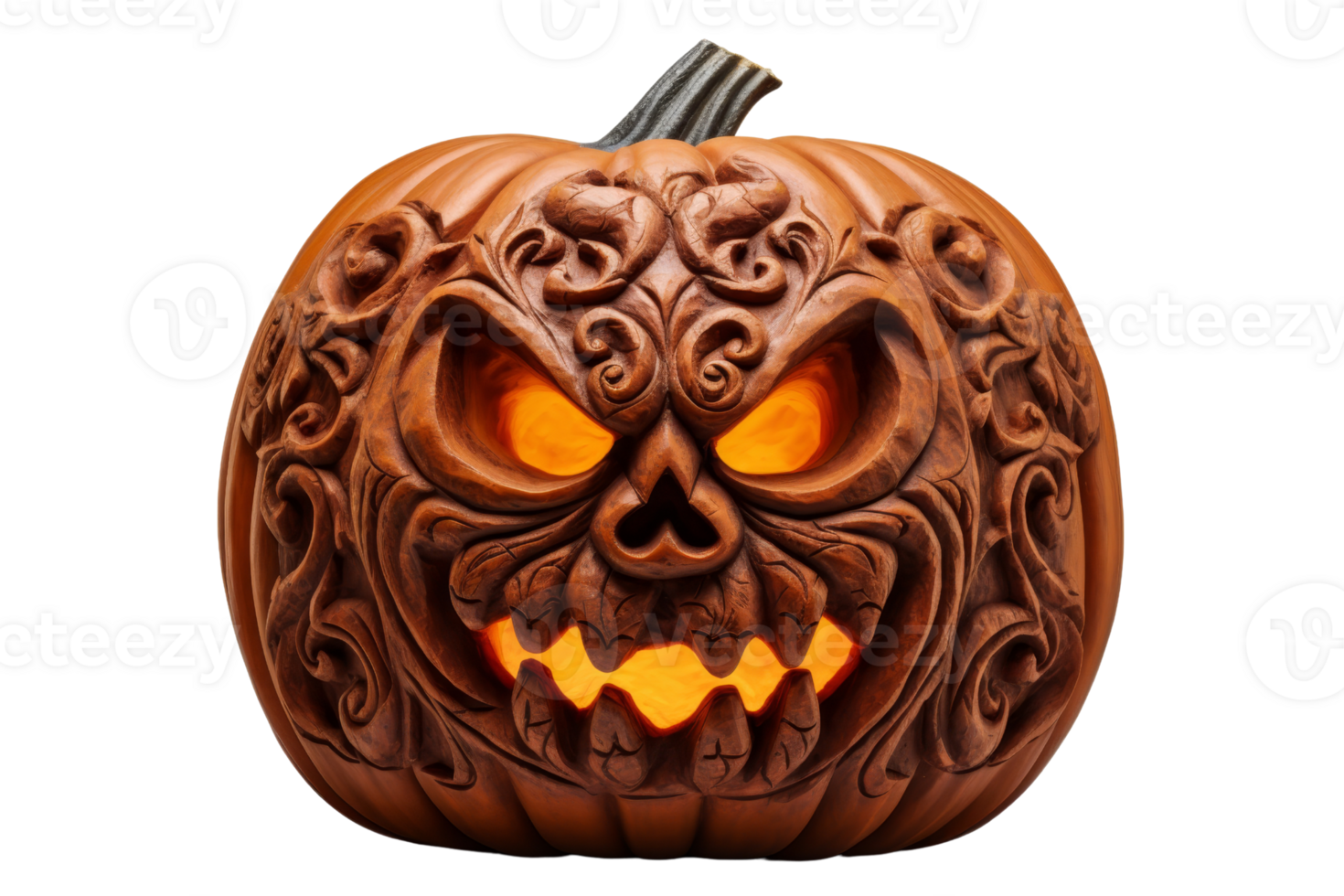 A carved pumpkin with a scary face and a light inside. The pumpkin is brown and has a scary look on its face png