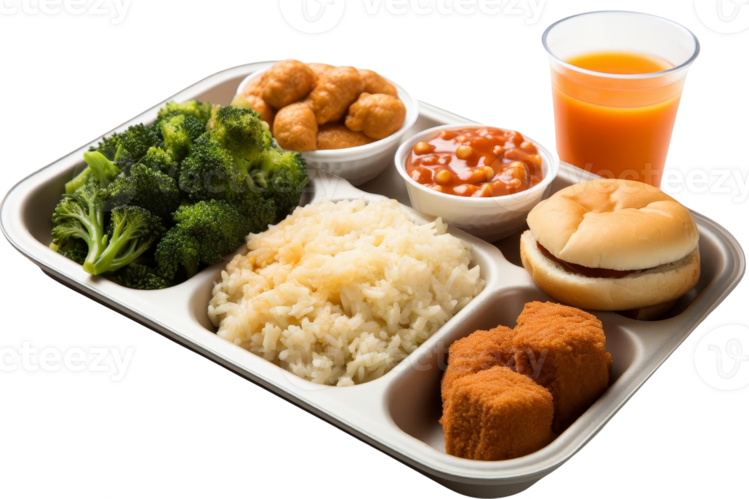 A tray of food with a cup of orange juice. The food includes rice, broccoli, and chicken png