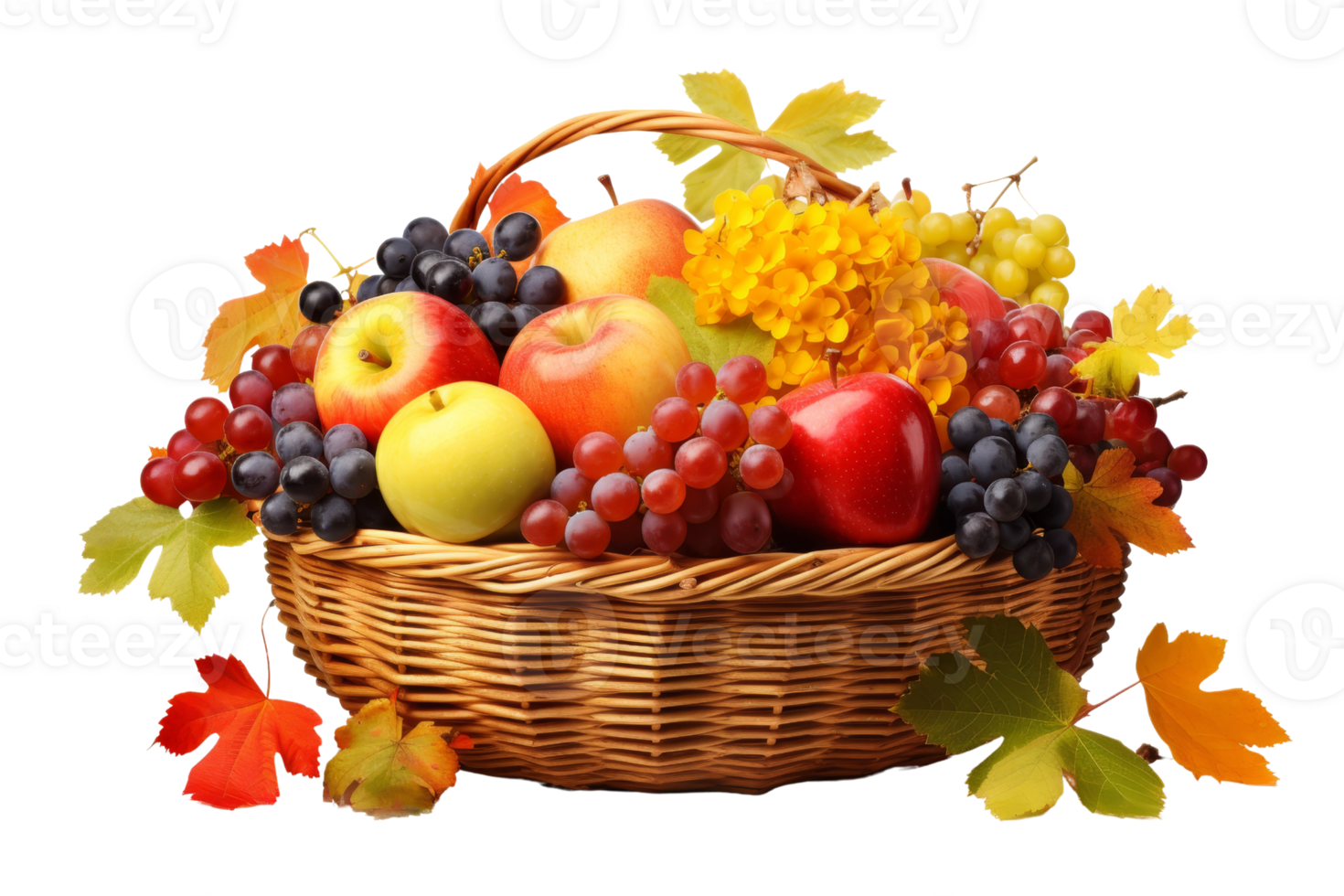 A basket of fruit with apples, grapes, and oranges png