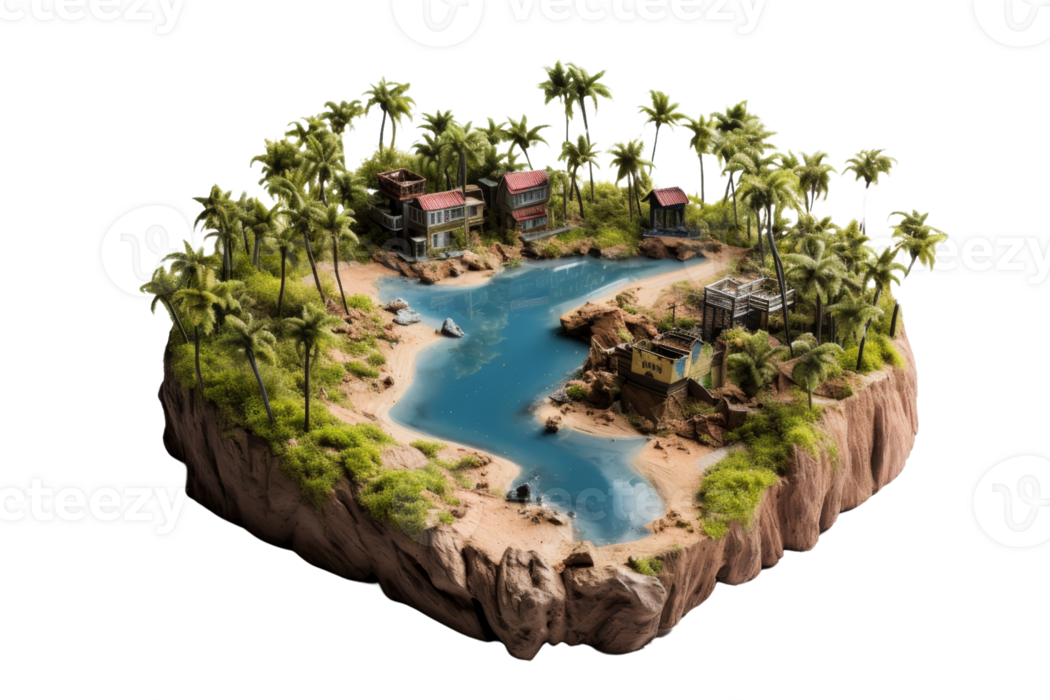 A small island with a beach and a river. The island is surrounded by palm trees and has a small village. The water is blue and the island is rocky png