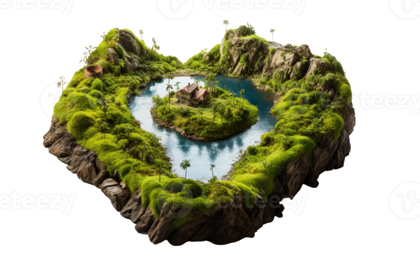 A small island with a river and a house in the middle. The island is surrounded by rocks and has a lot of greenery png