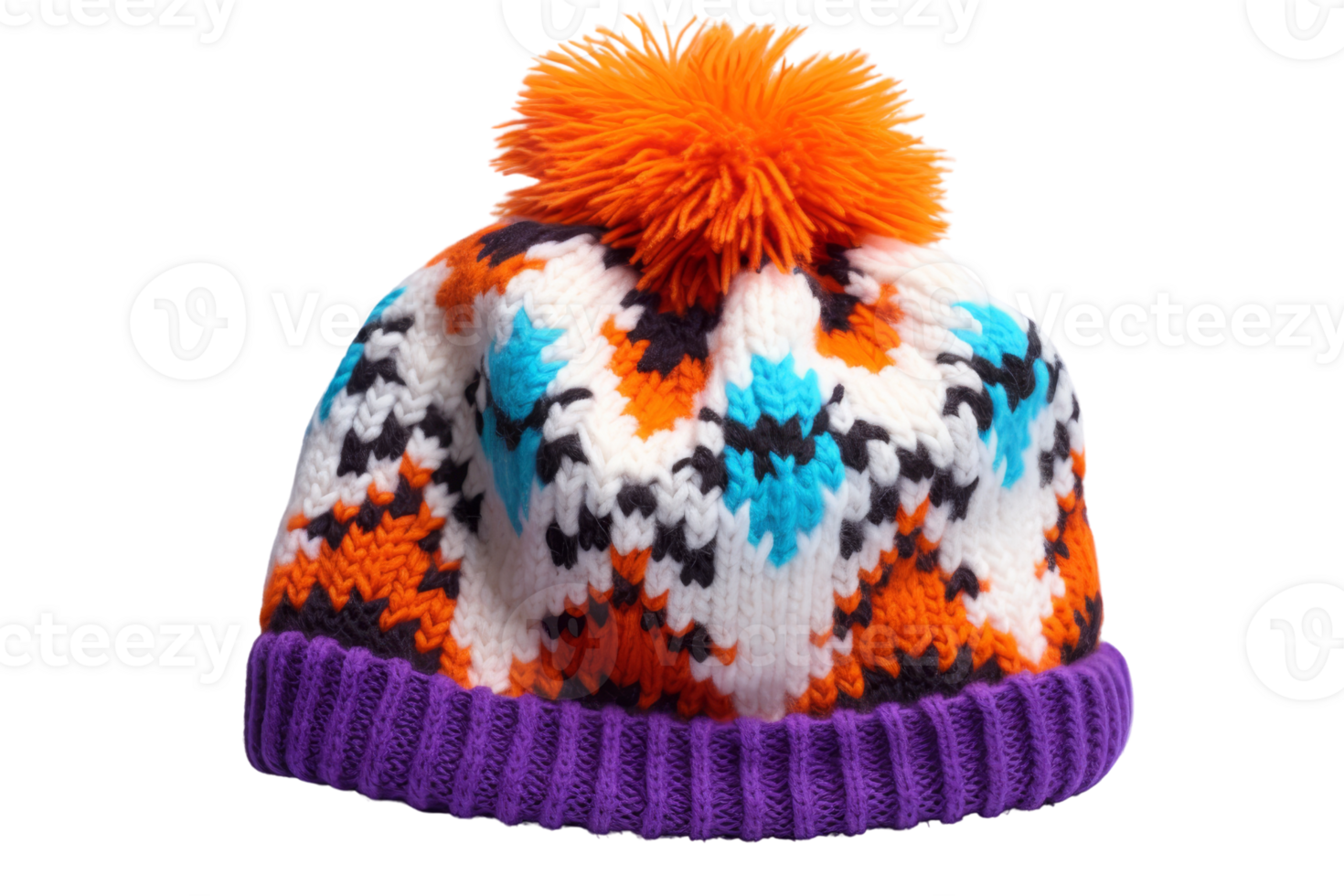 A colorful knitted hat with a purple pom pom on top. The hat is made of wool and has a pattern of squares and diamonds png