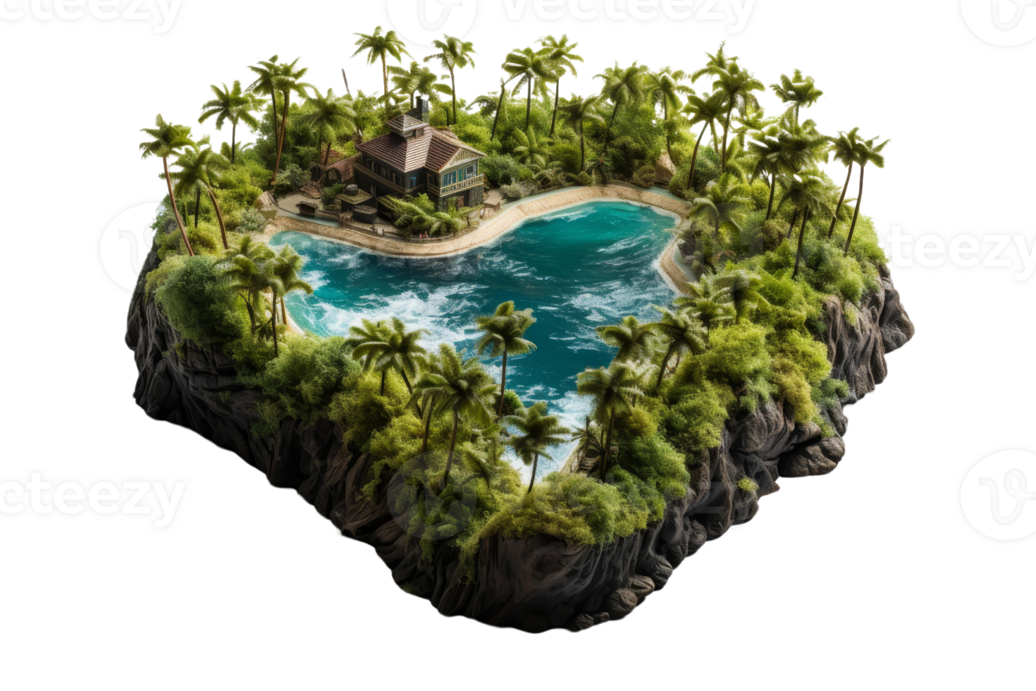 A small island with a house and a pool. The island is surrounded by water and trees png