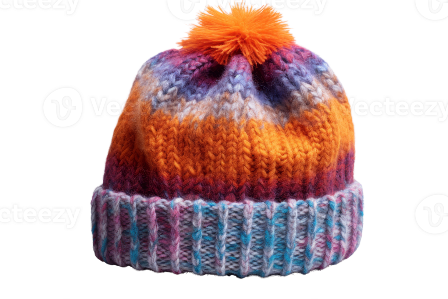 A colorful knit hat with a pom pom on top. The hat is made of wool and has a striped pattern png