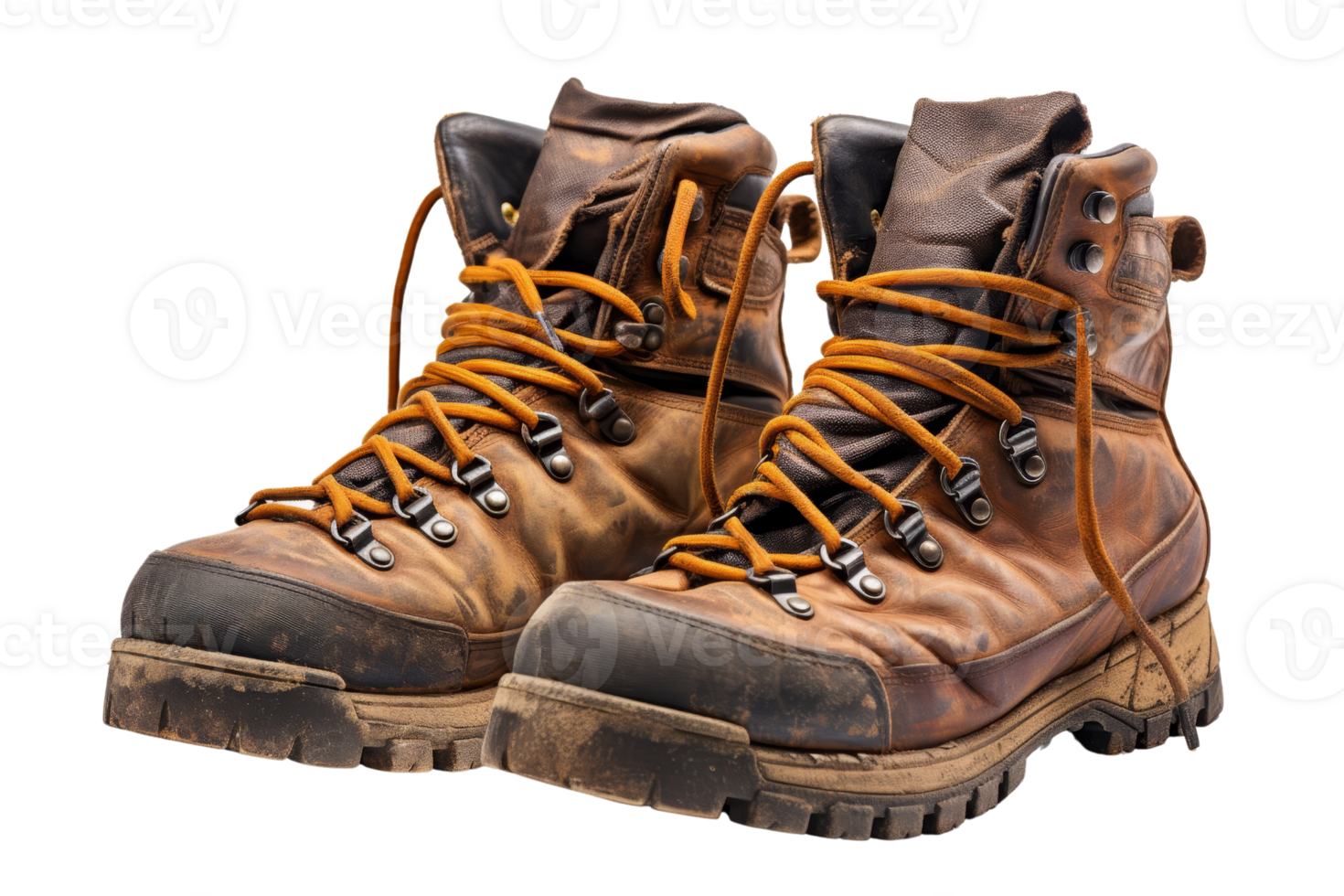 Two dirty brown boots with orange laces. The boots are worn and dirty, but still have a rugged, outdoorsy look to them png
