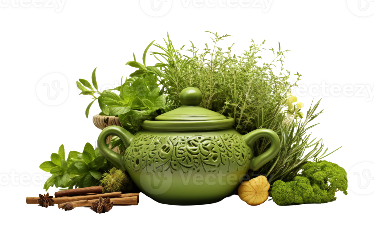 A green pot with herbs and spices on top of it png