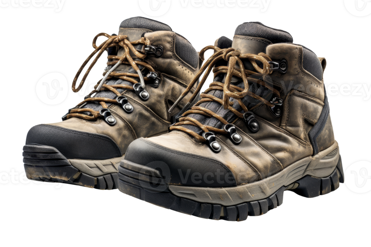 Two brown hiking boots with laces. The boots are worn and dirty png