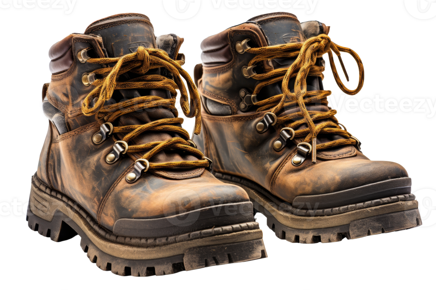 Two brown boots with a brown laces. The boots are worn and dirty. The boots are made for hiking and are designed to keep feet warm and dry png