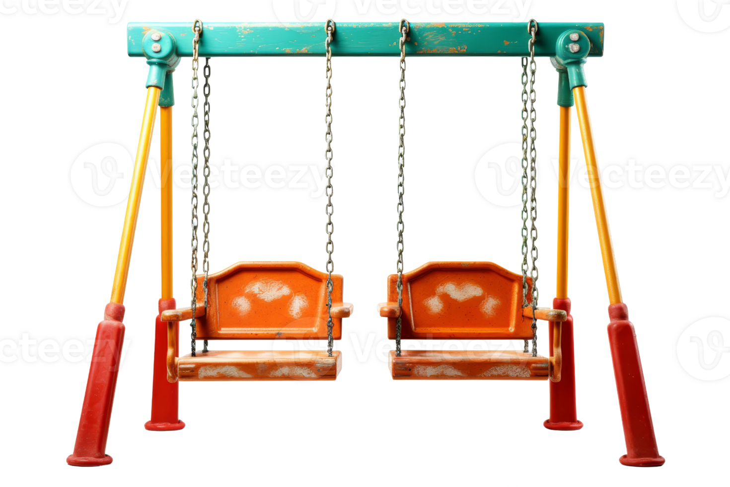 A rusty old swing set with two orange seats. The swing set is old and worn, but it still has a nostalgic charm png
