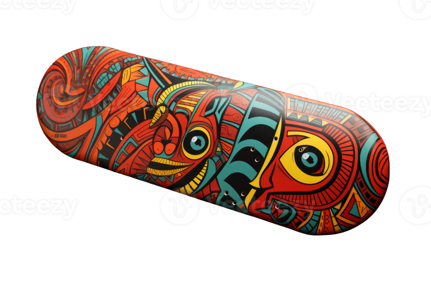 A skateboard with a colorful design of a dragon and a fish. The board is orange and blue png
