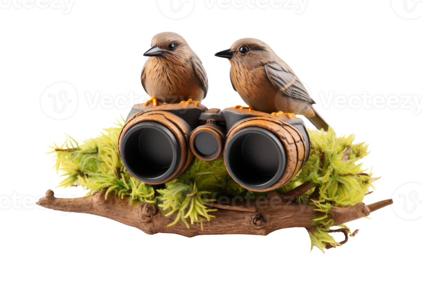 Two birds are sitting on a branch with binoculars png