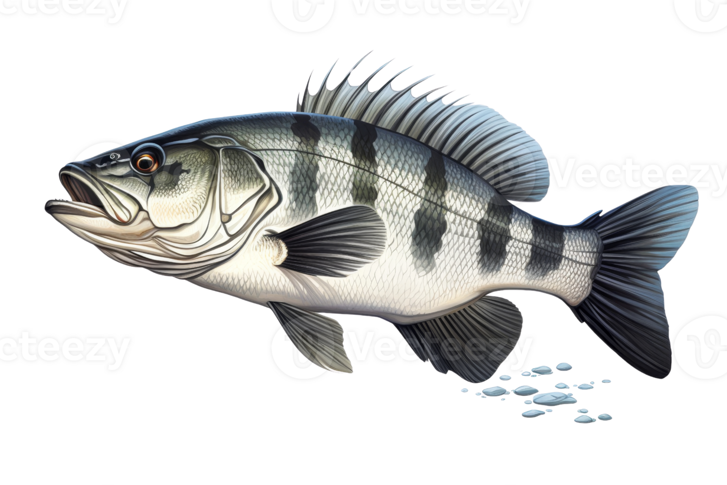A fish with a black and white striped body is swimming in the water. The fish has a mouth open, and its head is tilted to the side png