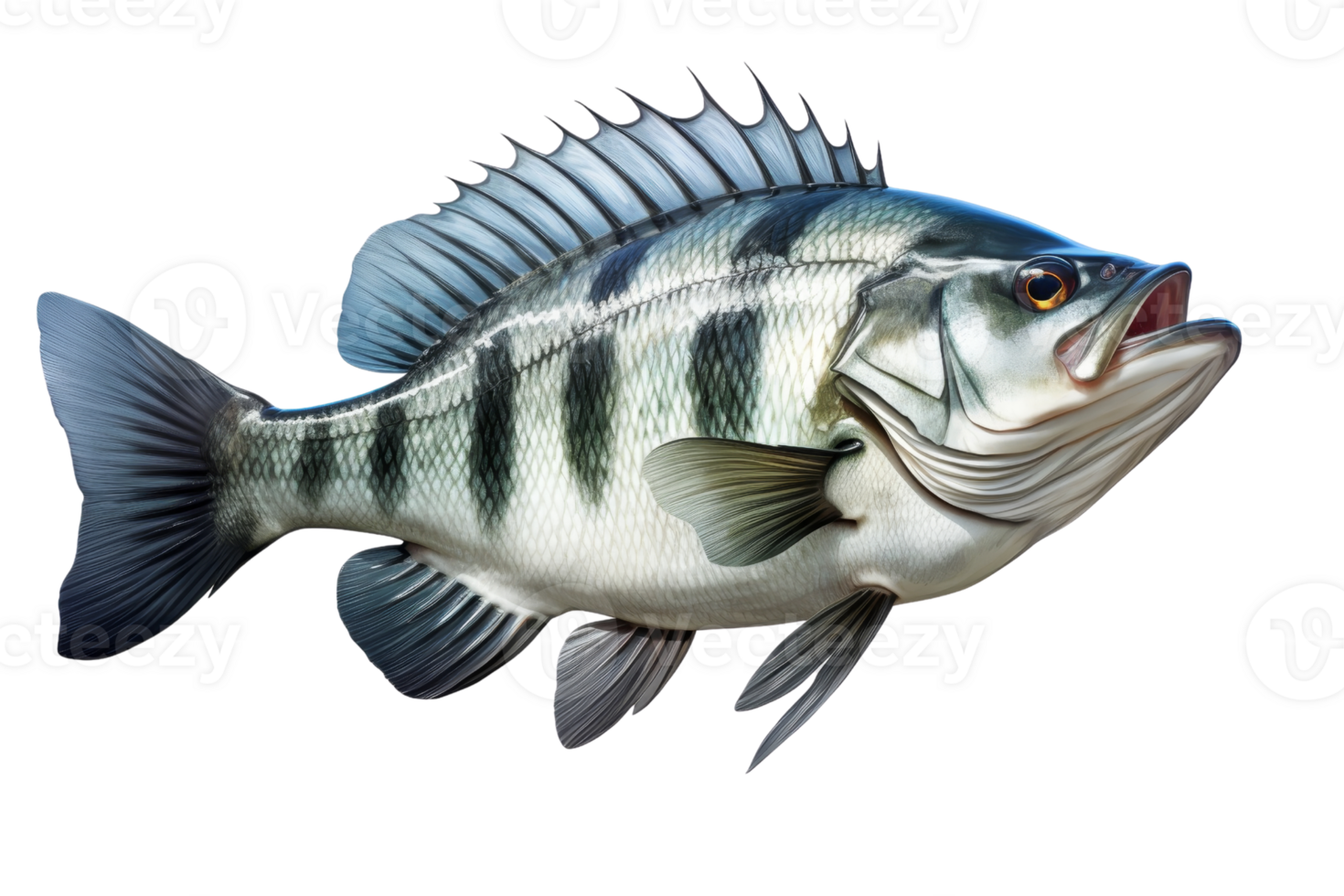 A fish with a blue and green striped body is swimming in the water. The fish has a mouth open, and its eyes are looking forward png