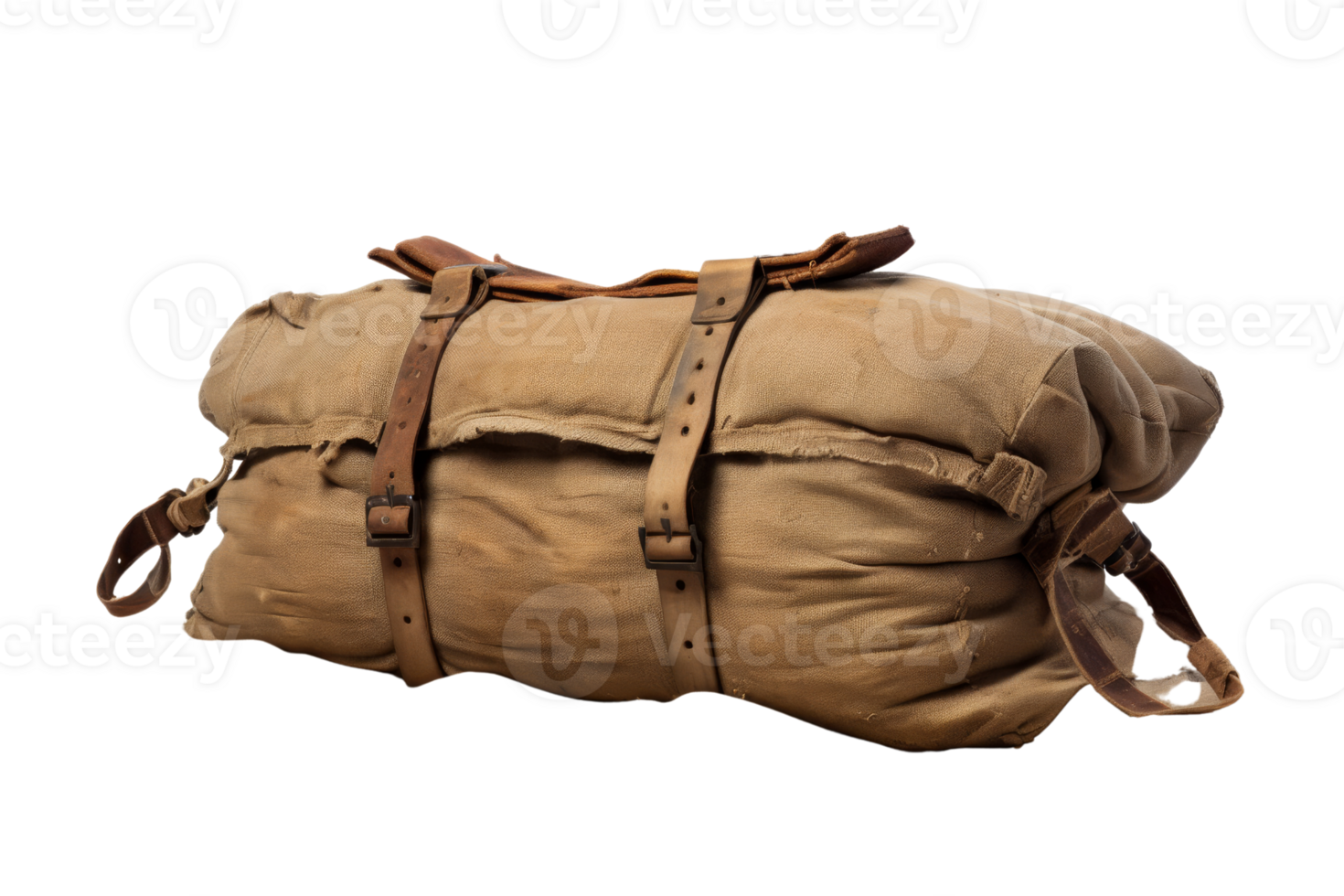 A tan and brown bag with straps and buckles. It is old and worn. The straps are leather and the bag is made of canvas png