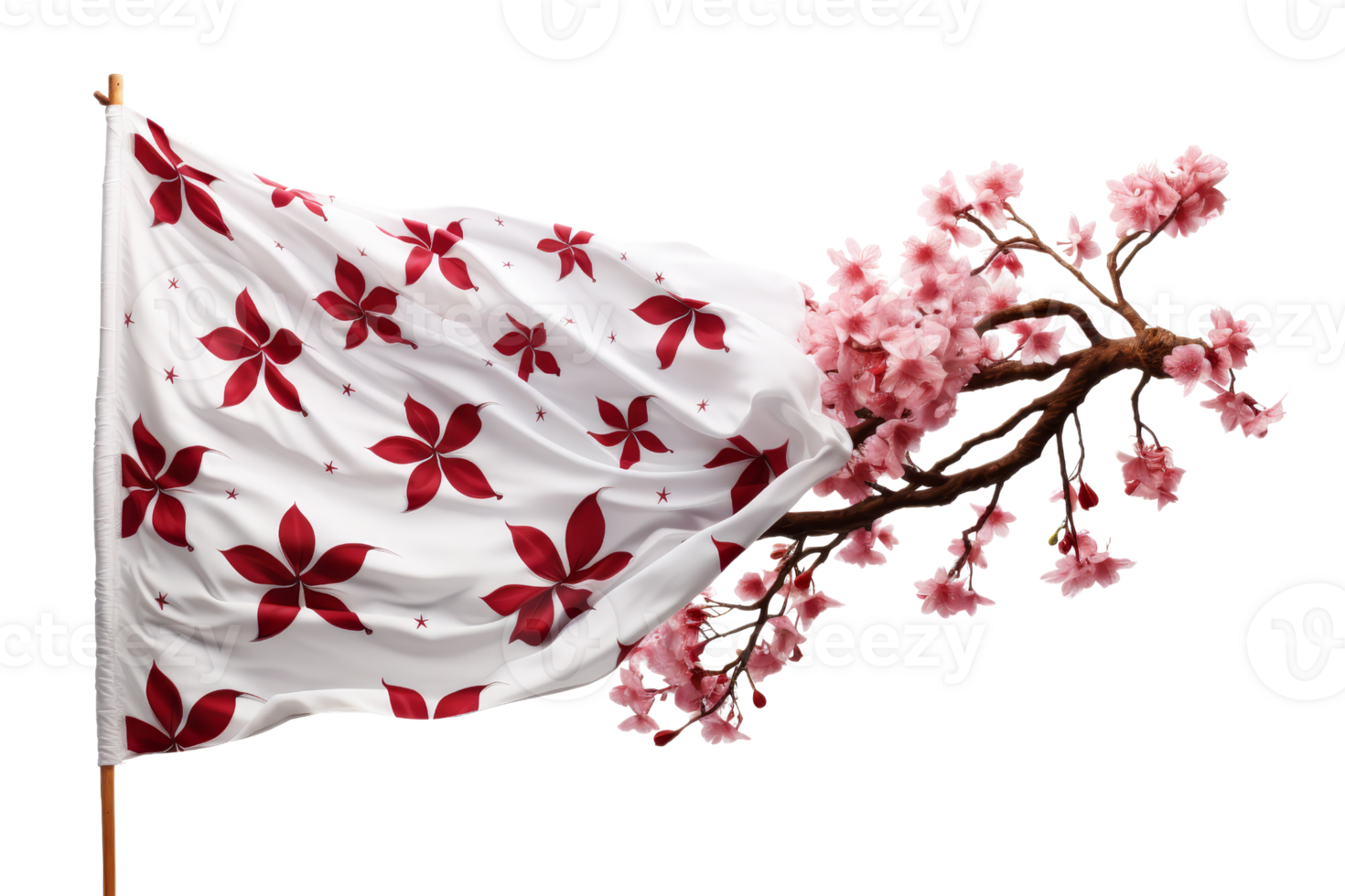 A white flag with red flowers on it is blowing in the wind. The flag is attached to a branch of a cherry blossom tree. Concept of freedom and natural beauty png