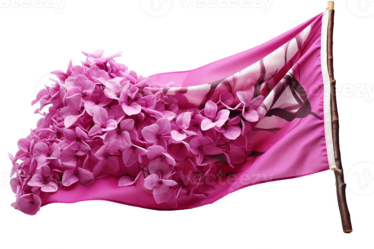 A pink flag with flowers on it. The flag is waving in the wind png