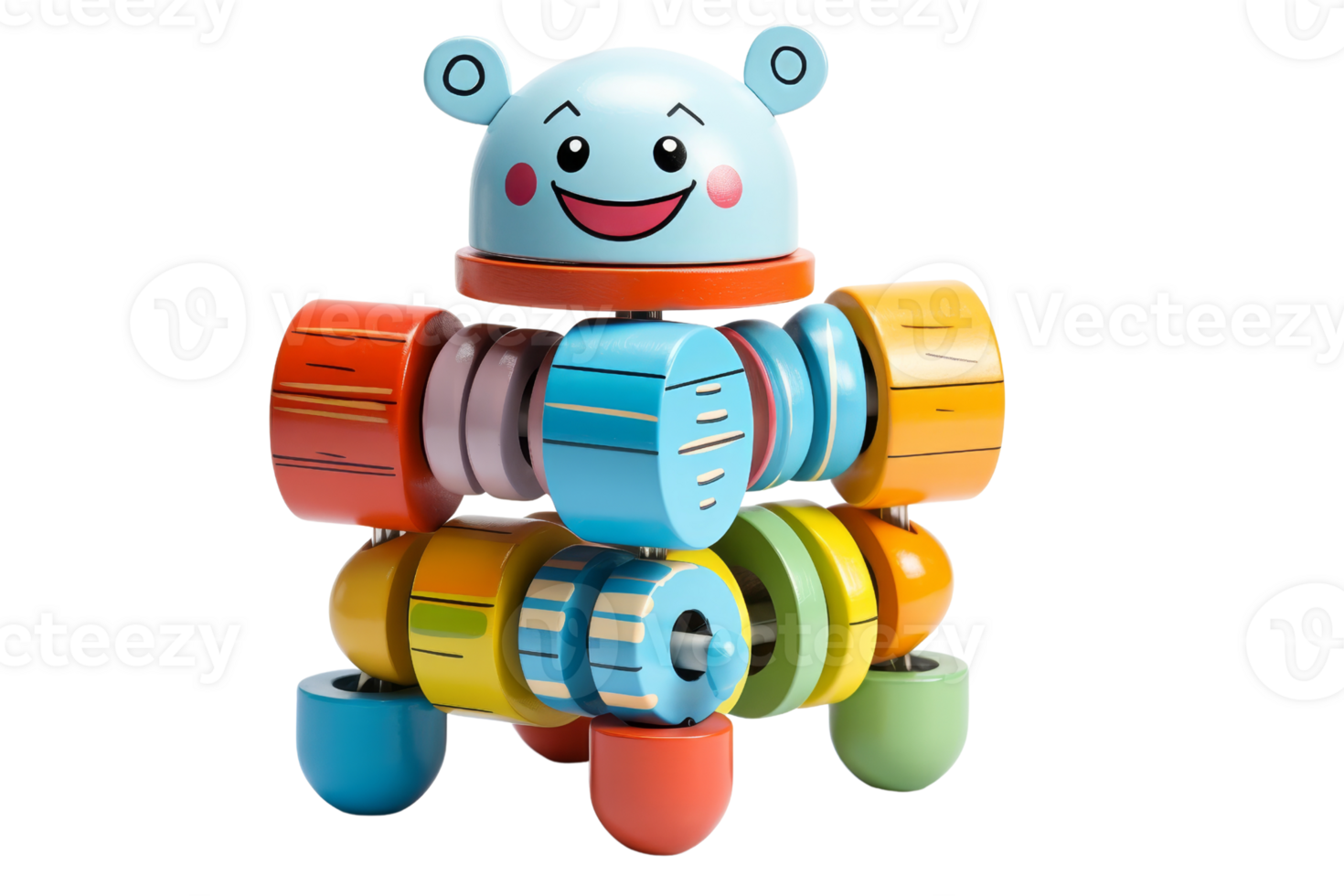 A wooden toy with a smiling face and a blue body. The toy is colorful and has a playful mood png