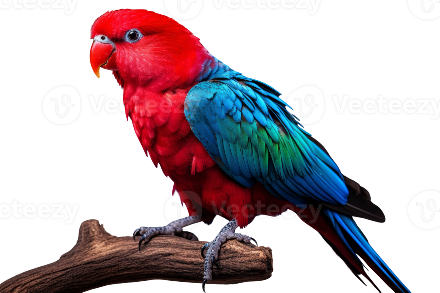 A colorful parrot perched on a branch. The bird is red and blue, with a bright green tail. The image has a lively and cheerful mood, as the bird's vibrant colors png