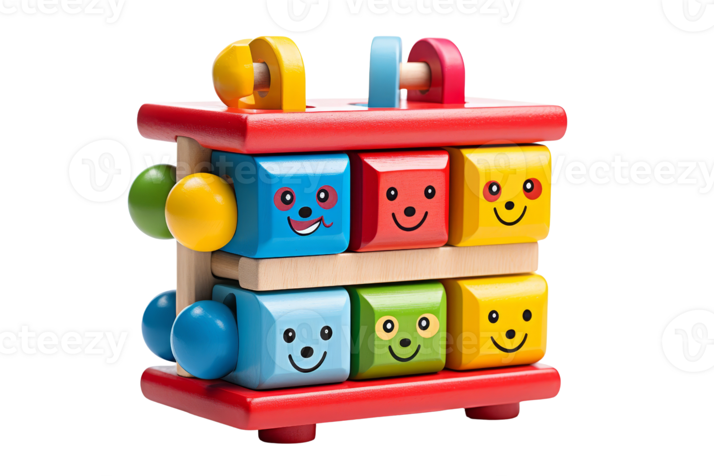 A wooden toy with a smiling face on it. The toy is made of wood and has a red color png