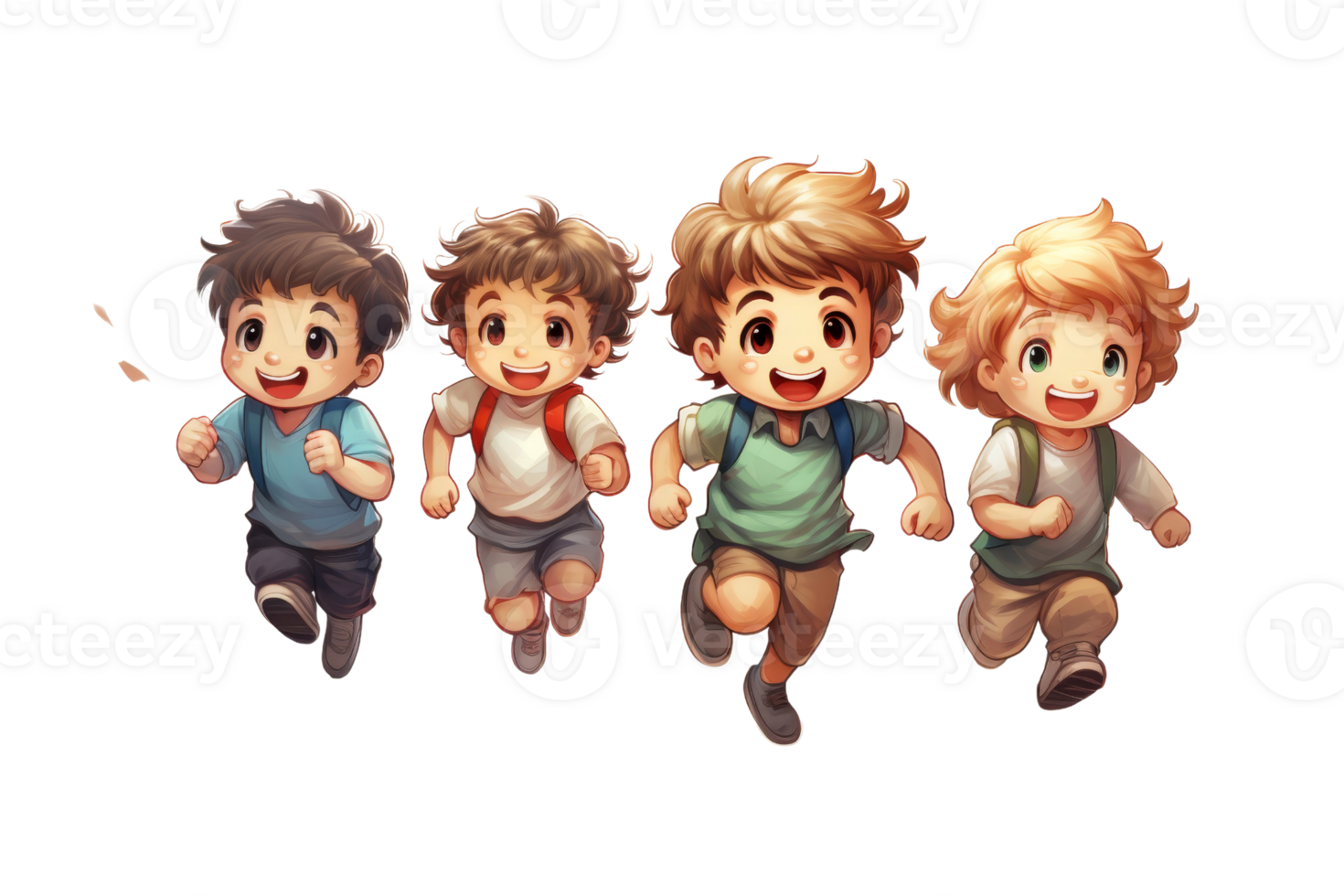 Four children are running in a cartoon. They are smiling and seem to be having fun. The cartoon is colorful and lively, with a sense of playfulness and joy png