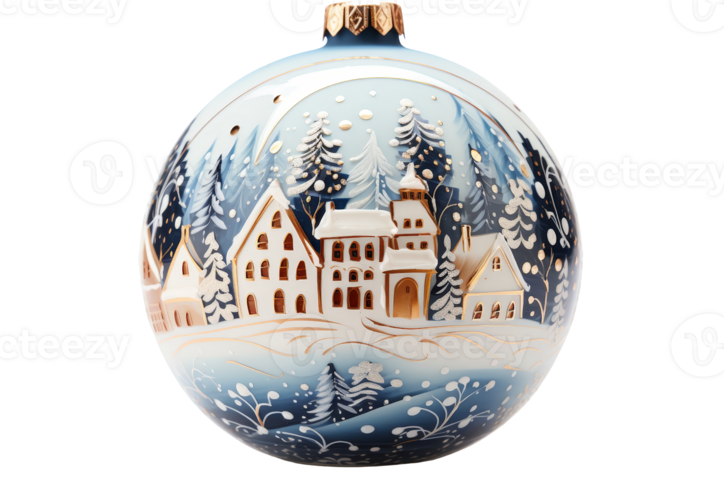 A blue and white ornament with a snowy scene of houses and trees. The ornament is round and has a gold trim png