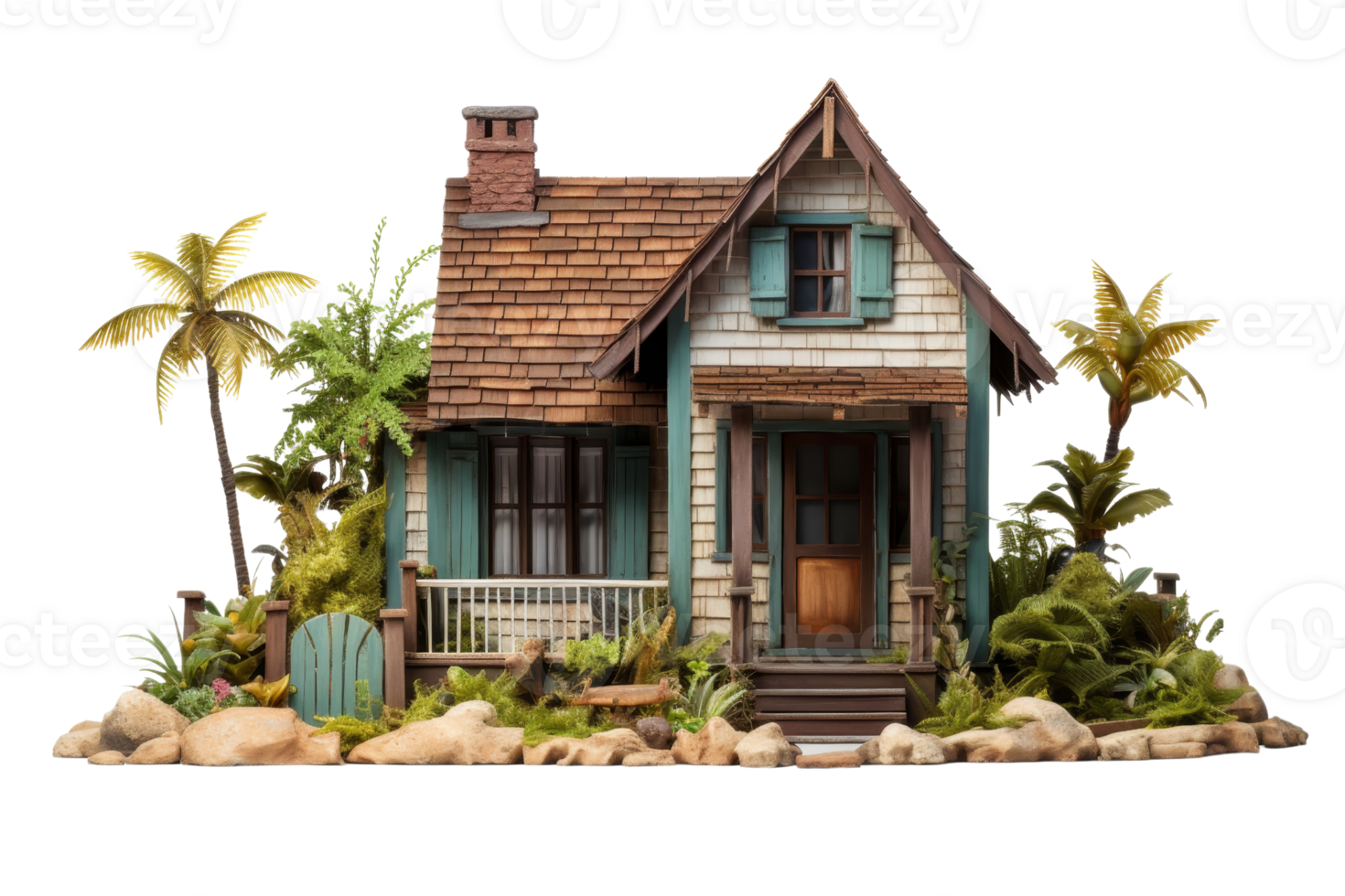 een klein huis met een veranda en een palm boom in de achtergrond. de huis is omringd door rotsen en planten png