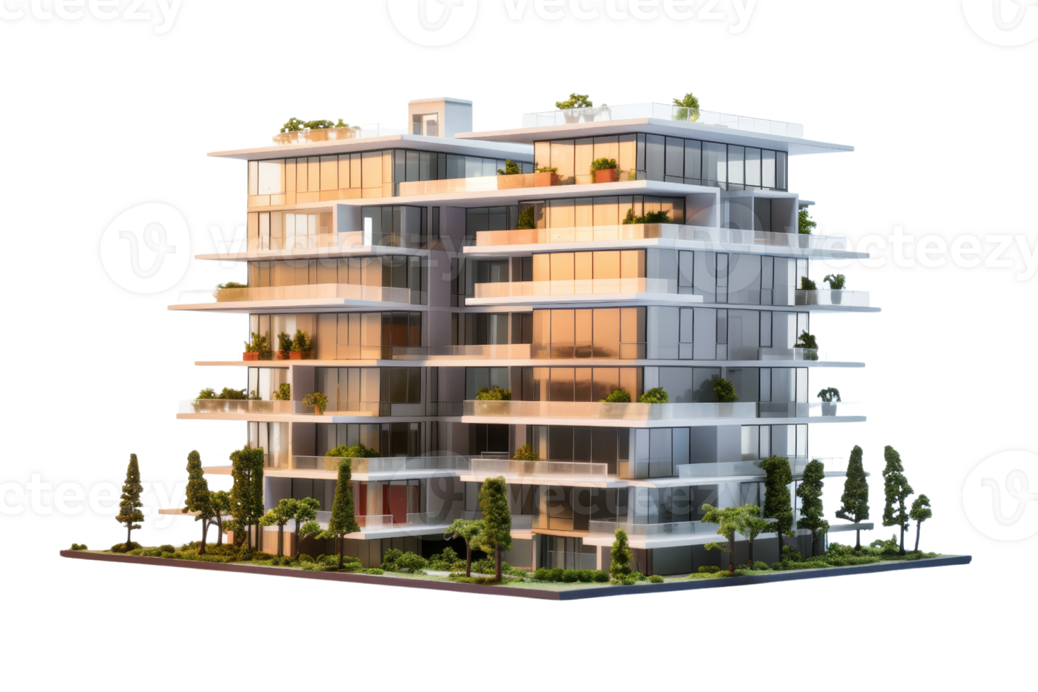 A tall building with a lot of windows and a balcony. The building is surrounded by trees and plants png
