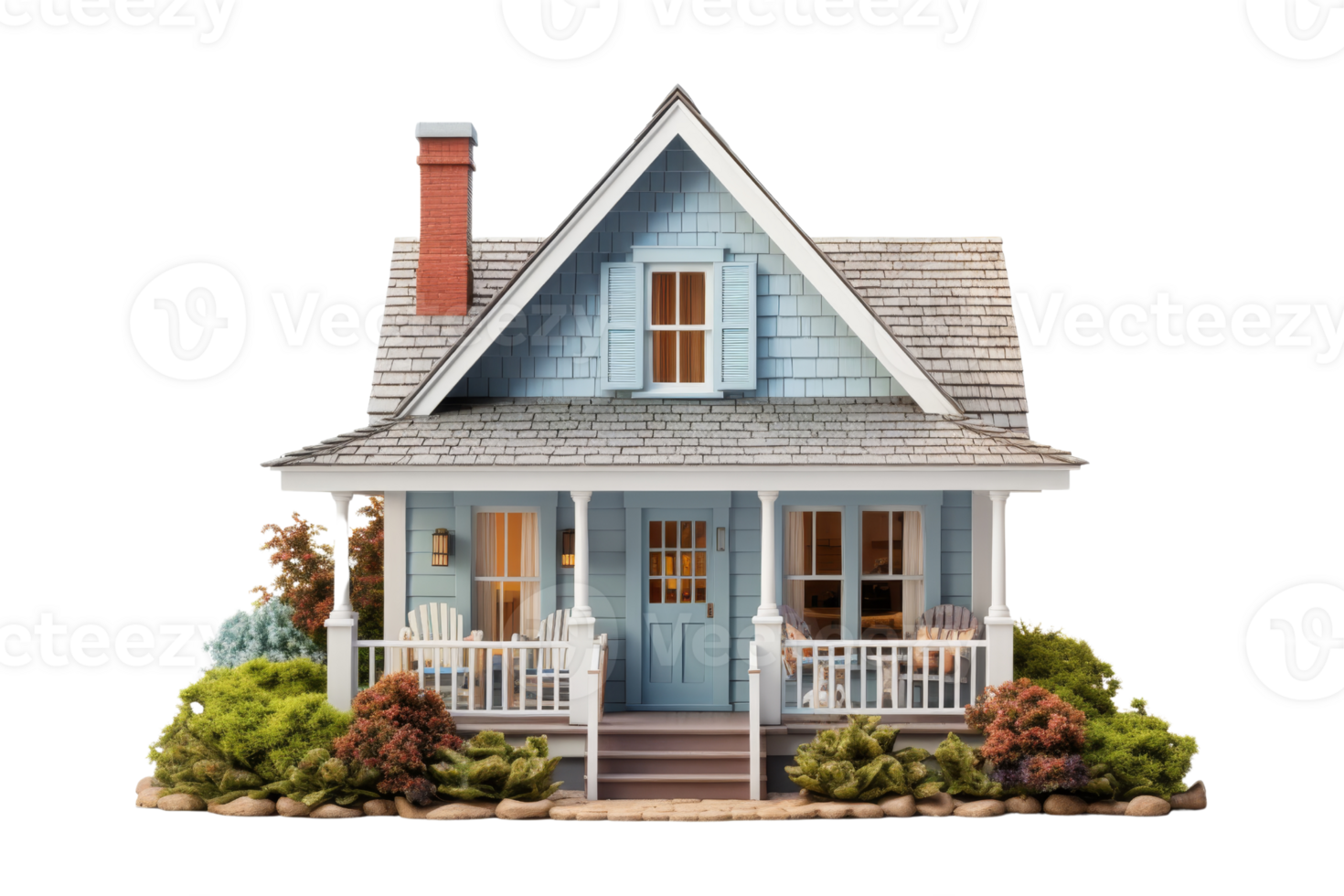 A blue house with a white trim and a red chimney. The house has a porch with a railing and a few chairs png