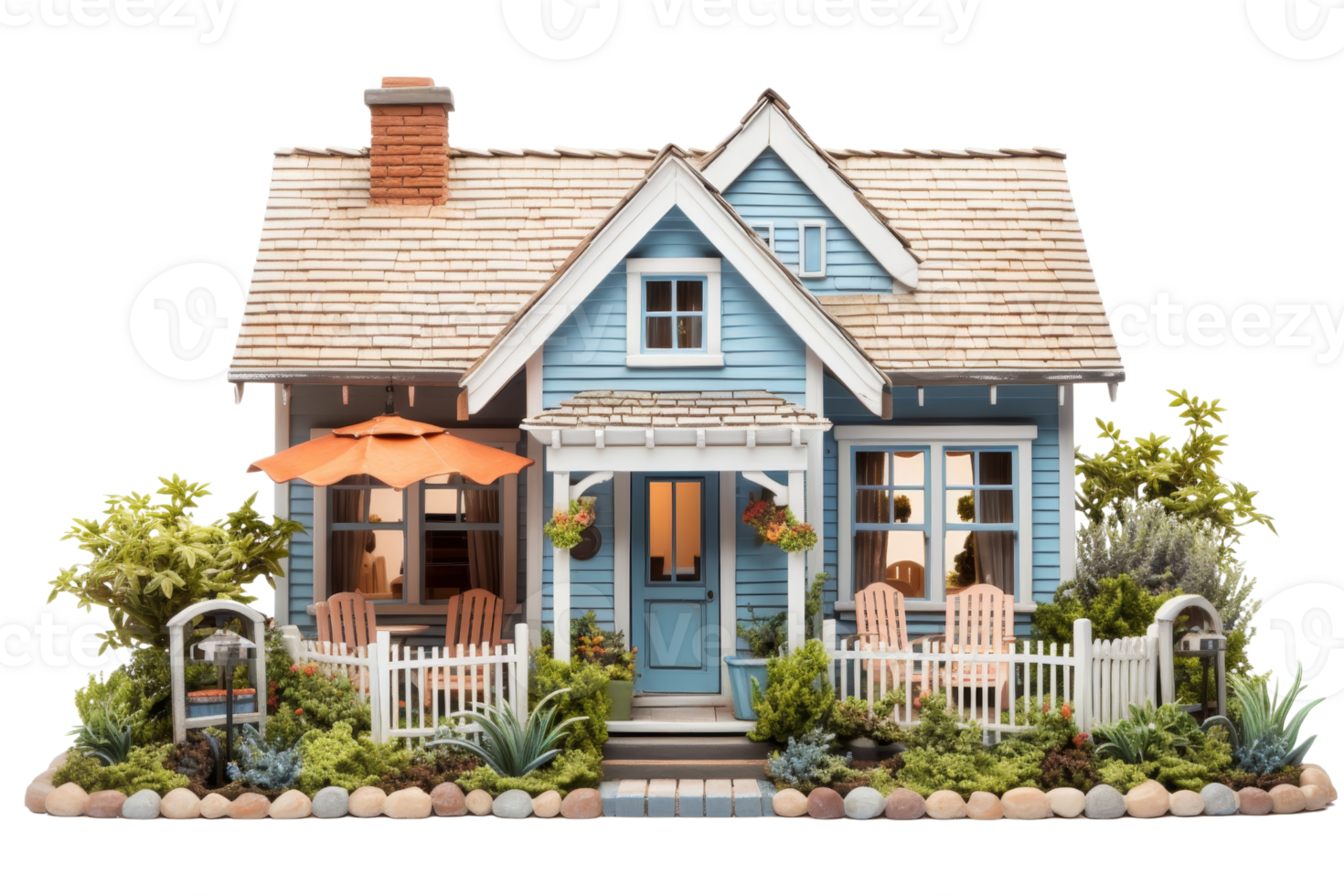 A blue house with a white roof and white trim. There are several chairs and potted plants around the house png