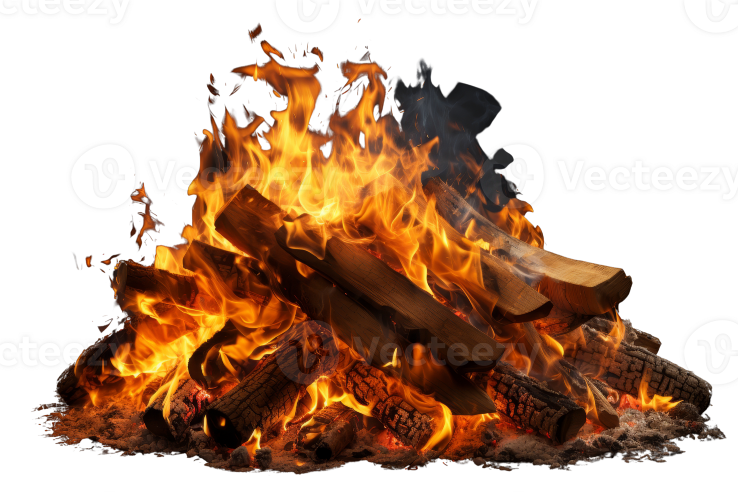 A pile of burning wood with flames shooting out of it. The fire is hot and bright, and the wood is charred and blackened. The scene is intense and dramatic, with the flames creating a sense of danger png