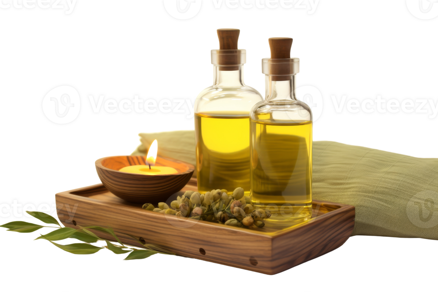 A wooden tray with two bottles of oil and a candle png