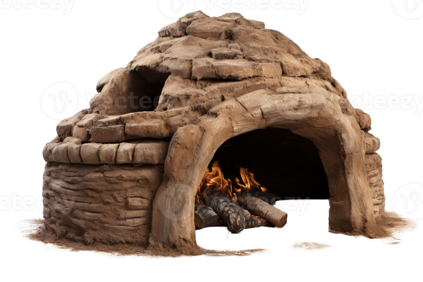 A small hut made of dirt and wood with a fire burning inside. The hut is small and has a rustic feel to it png