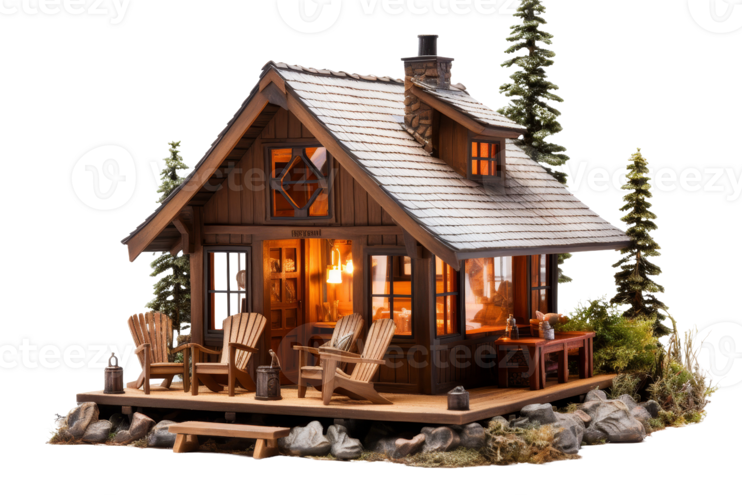 A small cabin with a porch and a fireplace. The cabin is surrounded by trees and has a cozy, rustic feel png