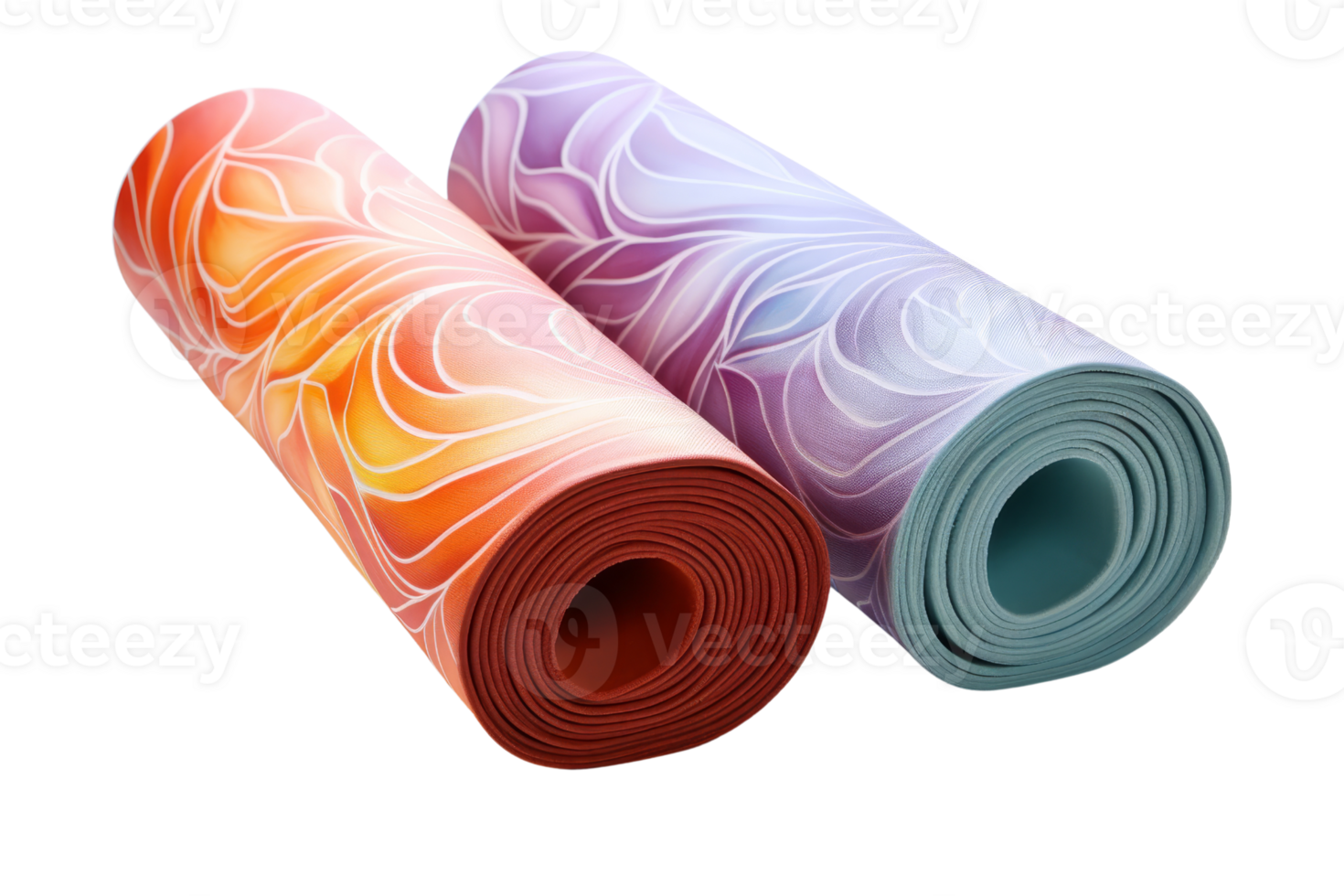 Two yoga mats with different colors and patterns. One is orange and the other is blue. They are rolled up and placed next to each other png