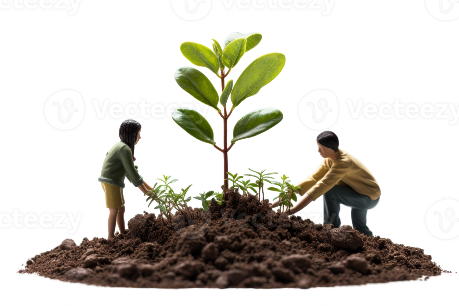 Two people are planting a tree in the dirt. The man is kneeling down and the woman is standing up. The tree is small and green png
