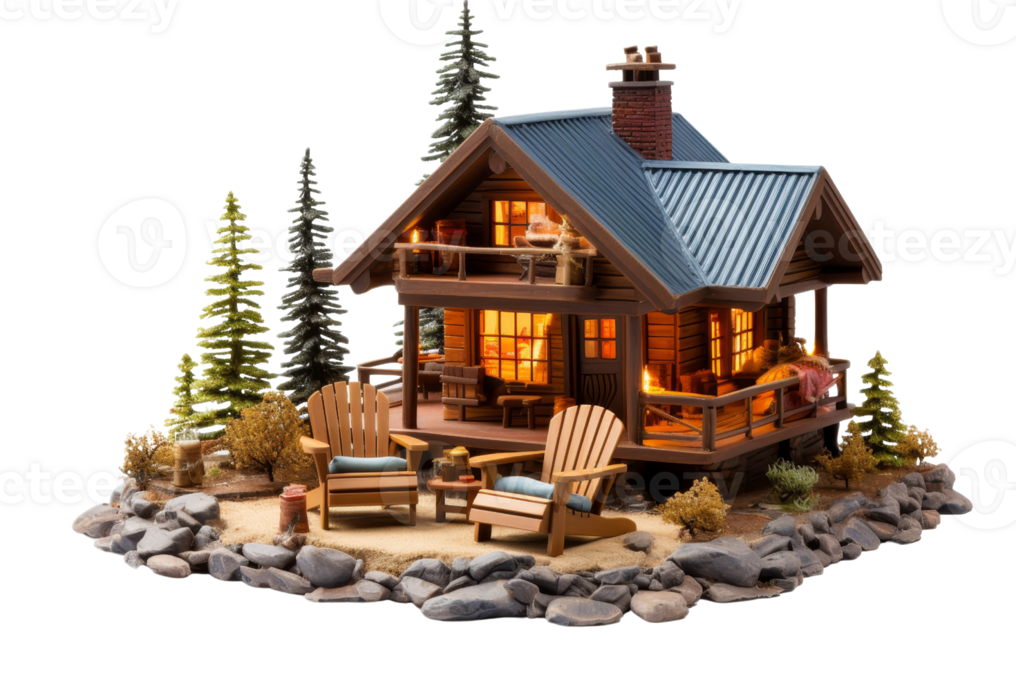 A small model of a log cabin with a porch and a deck. The cabin is surrounded by trees and has a cozy, rustic feel png