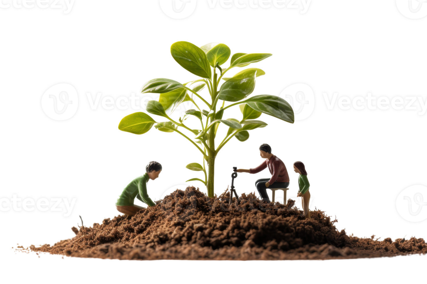 A man, a woman and a child are planting a tree. The man is holding a camera, and the woman and child are sitting on a bench. Scene is one of family bonding and environmental awareness png