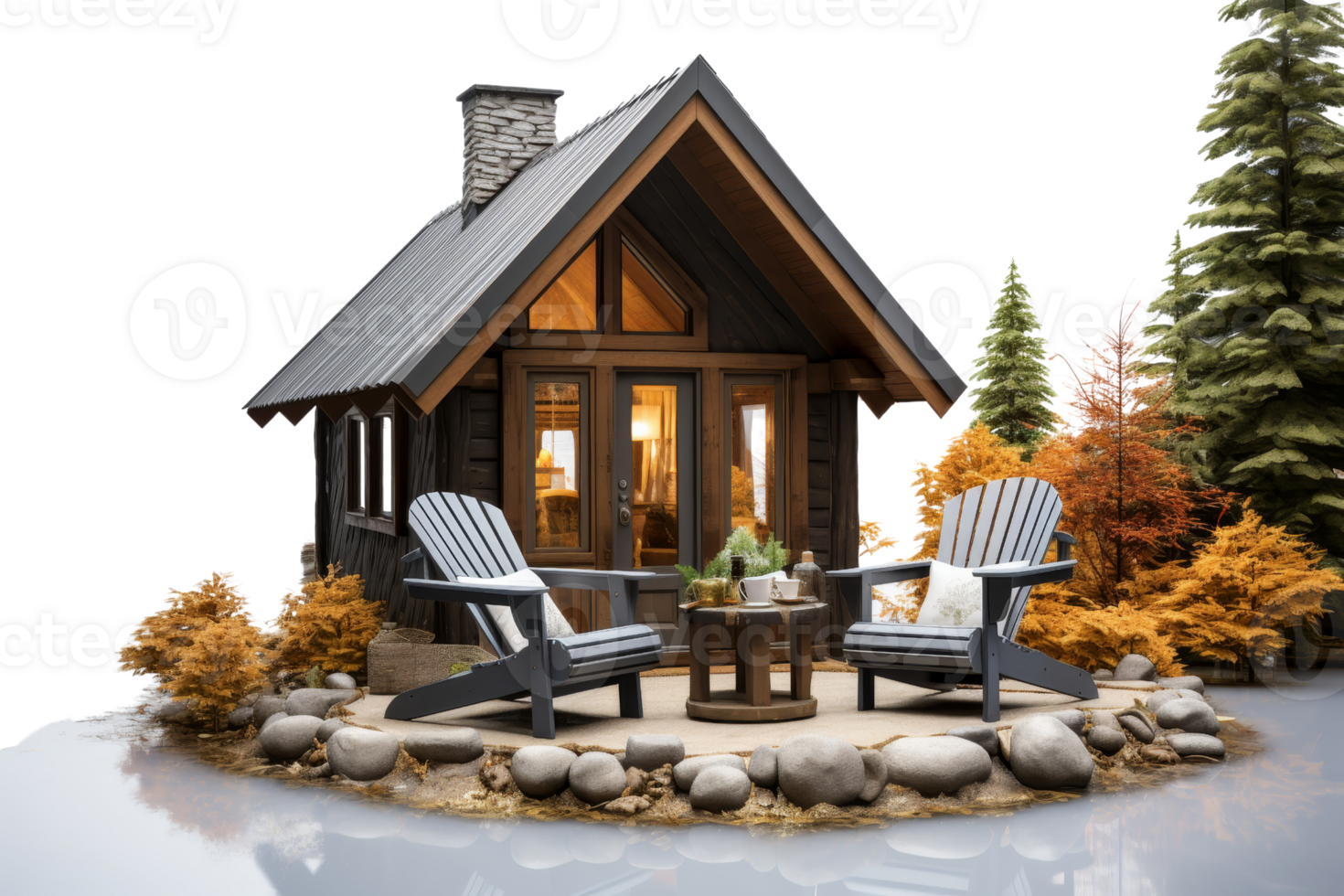 A small cabin with a fireplace and two chairs outside. The cabin is surrounded by trees and rocks png