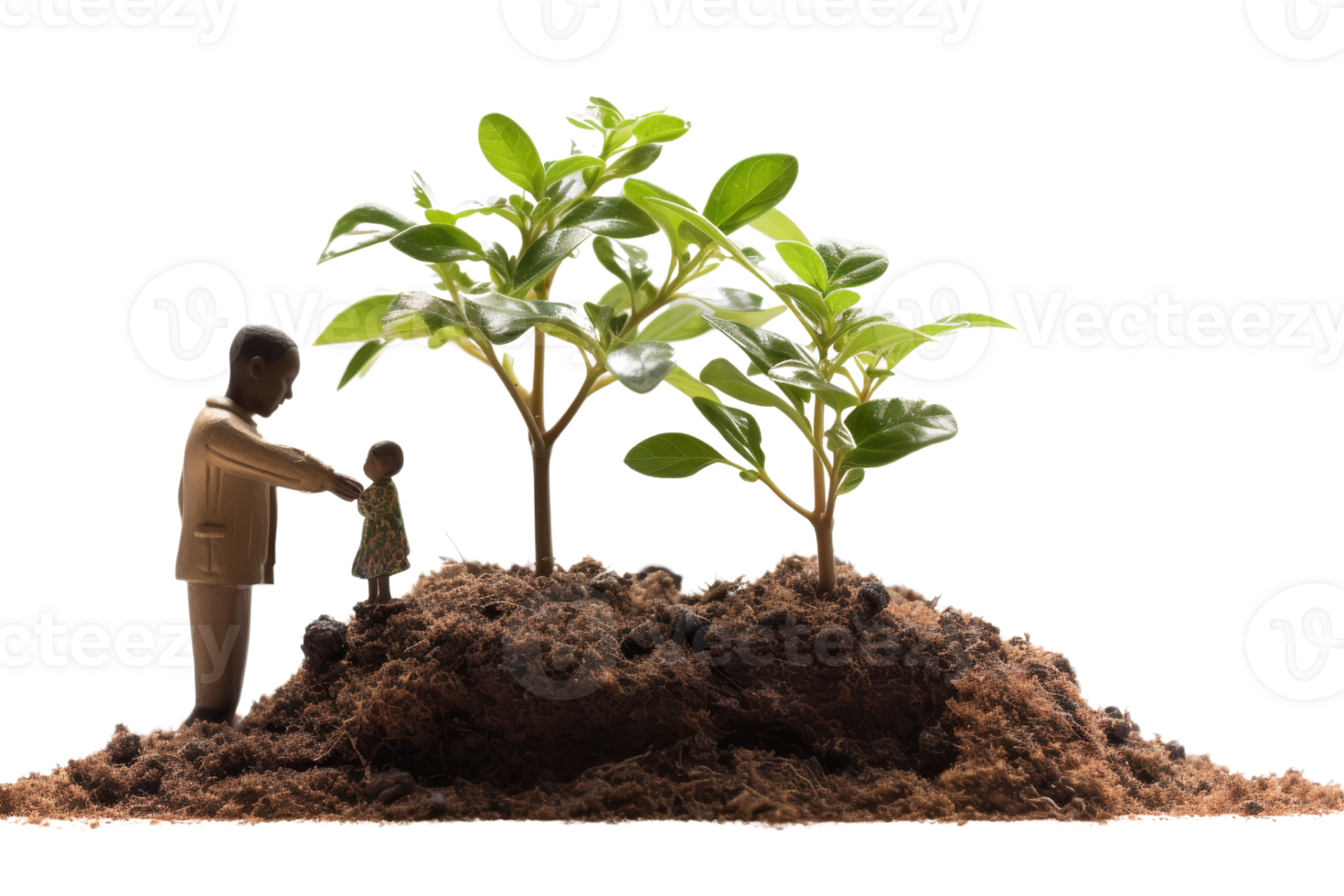 A man and a child are tending to a small tree in a dirt patch. The man is holding the child's hand and the child is looking up at the tree. Concept of nurturing and care png