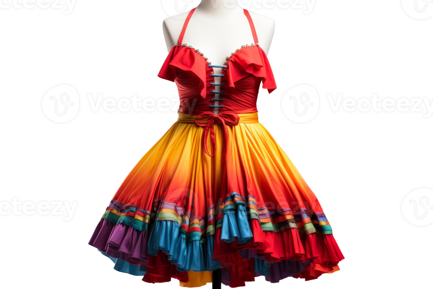 A colorful dress with a red top and yellow skirt. The dress is designed to look like a rainbow png