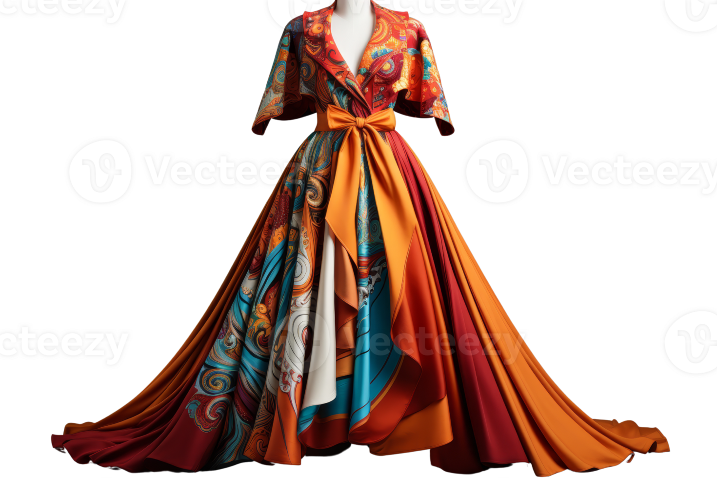 A long orange and blue dress with a red bow. The dress is very long and has a lot of detail png