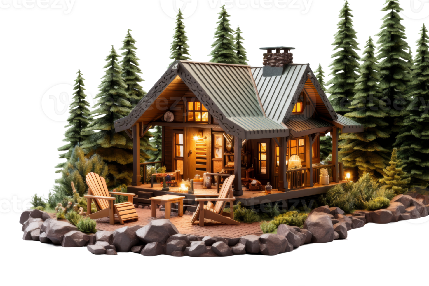 A small cabin with a porch and a deck. The cabin is surrounded by trees and has a cozy, rustic feel png